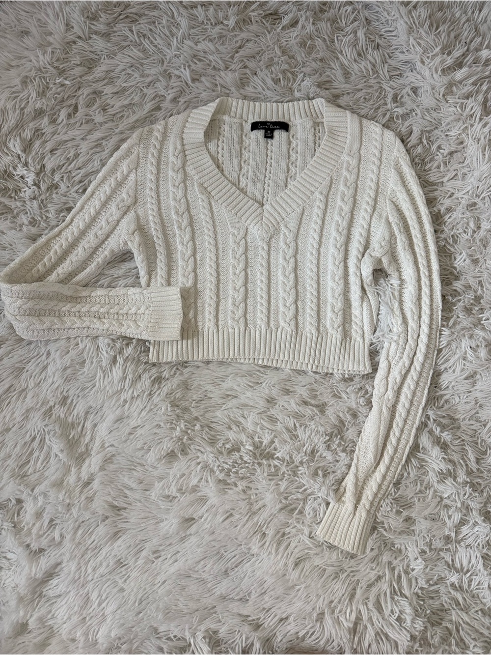 Love Tree Ivory Cable Knit V-Neck Cropped Sweater